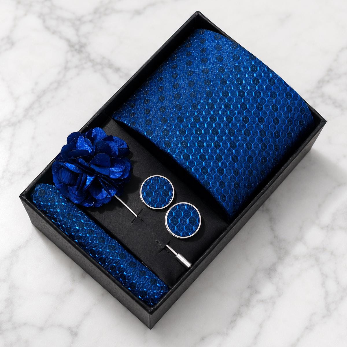 Royal Blue Honeycomb Silk Tie Set / 4-Piece