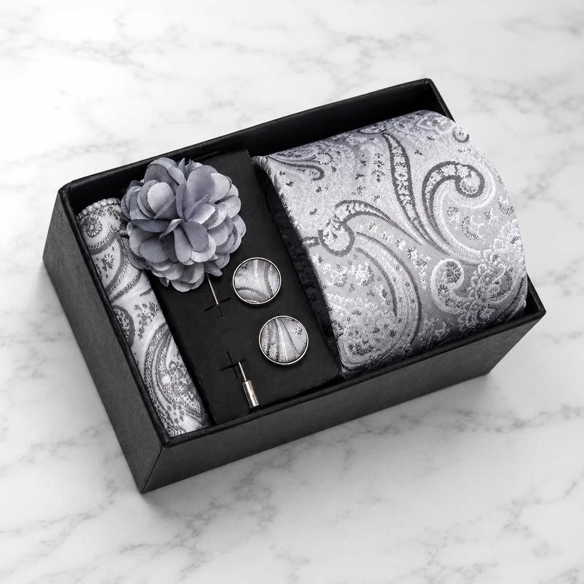 Silver & Grey Paisley Silk Tie Set / 4-Piece
