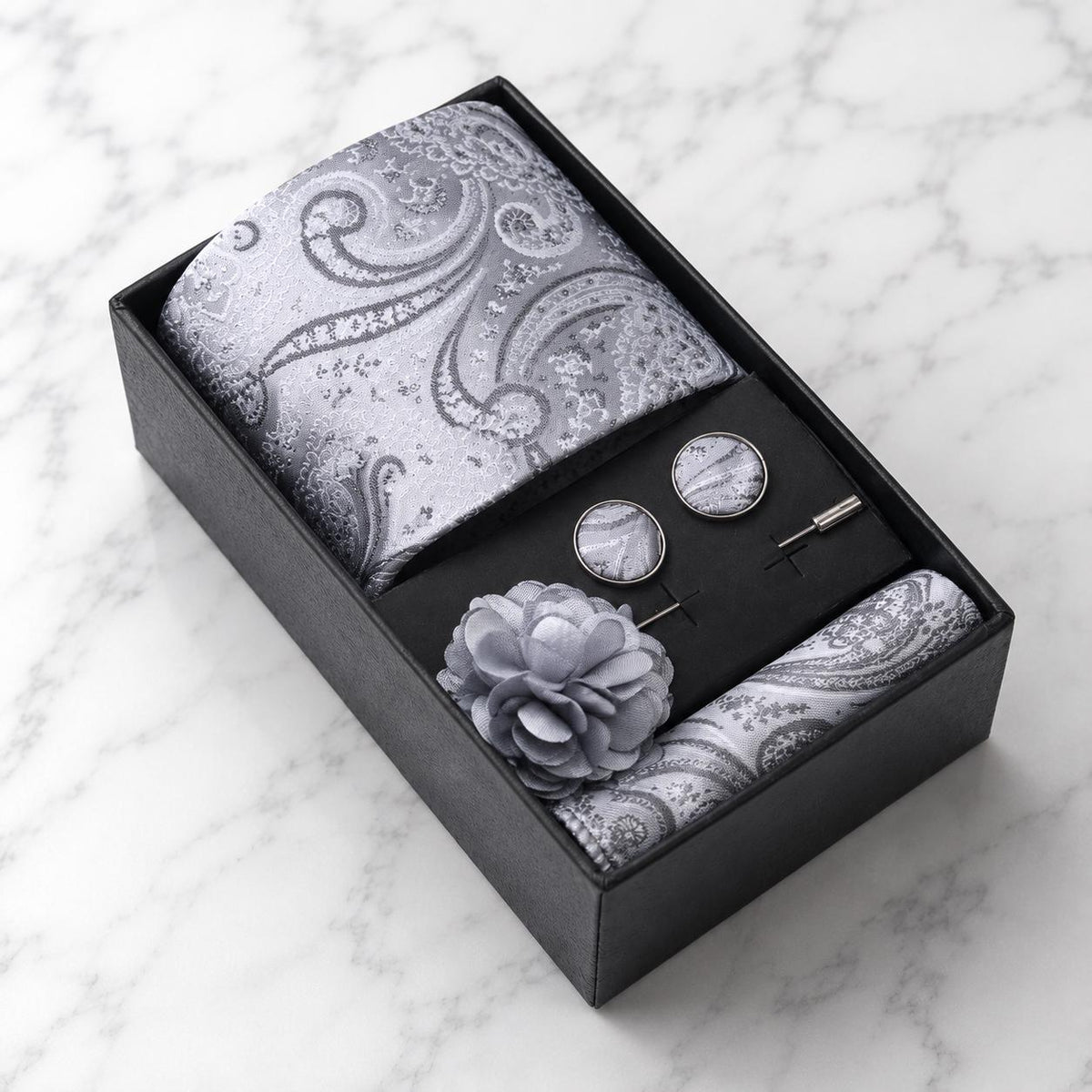 Silver & Grey Paisley Silk Tie Set / 4-Piece