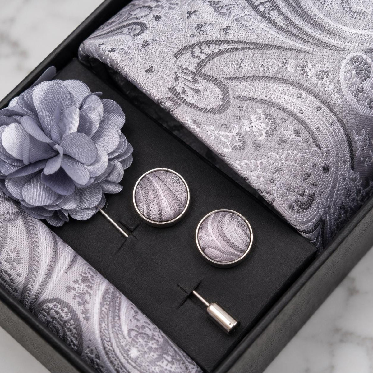 Silver & Grey Paisley Silk Tie Set / 4-Piece