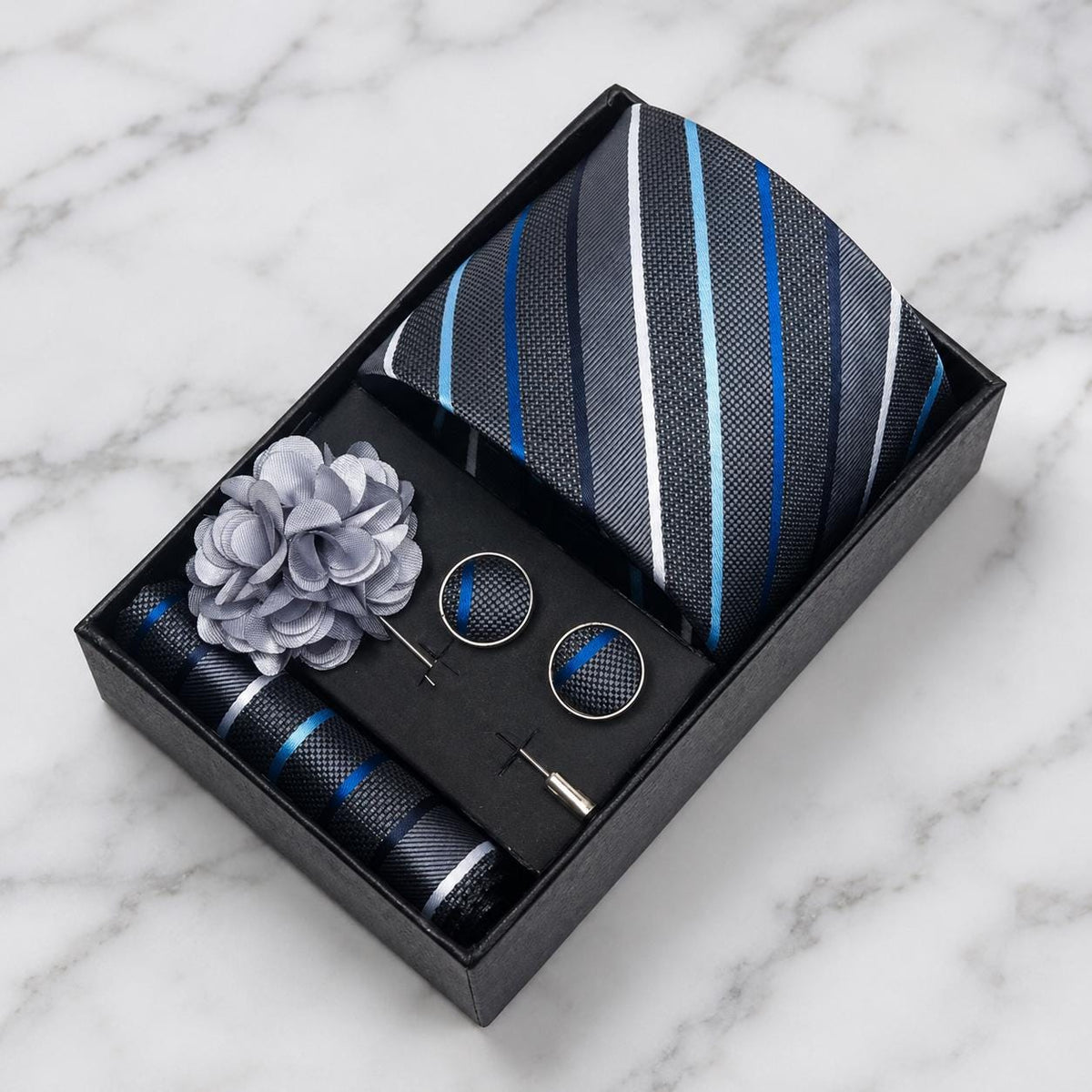 Charcoal Grey, Blue & Silver Striped Silk Tie Set / 4-Piece