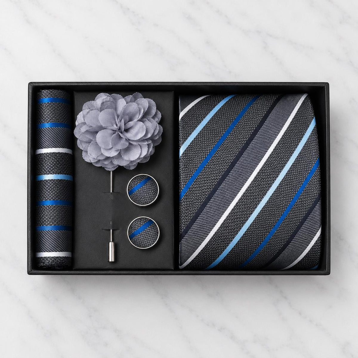 Charcoal Grey, Blue & Silver Striped Silk Tie Set / 4-Piece