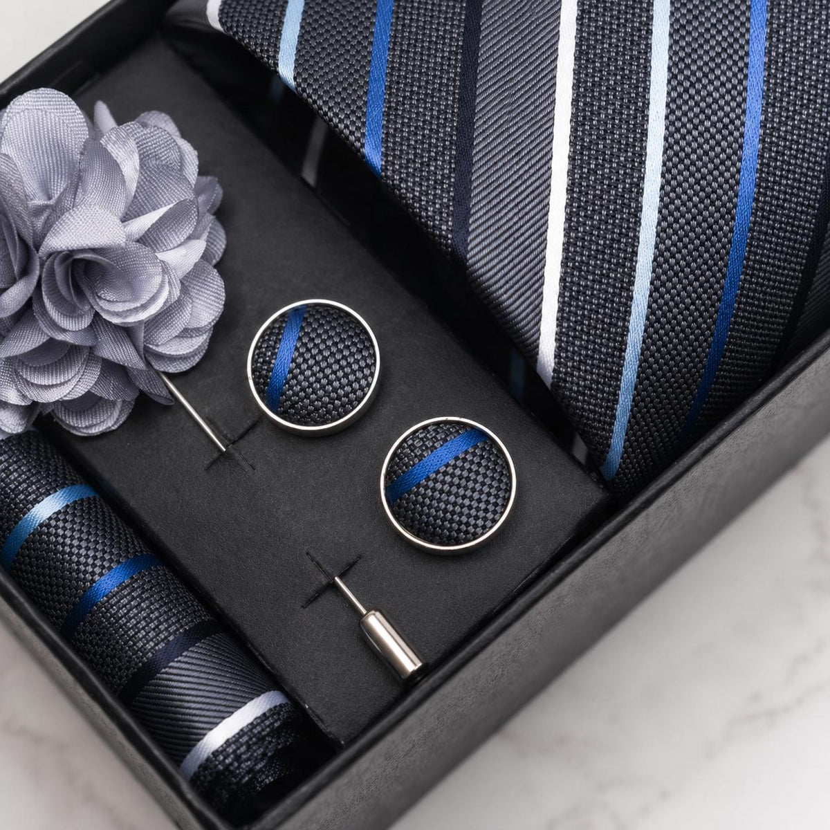 Charcoal Grey, Blue & Silver Striped Silk Tie Set / 4-Piece