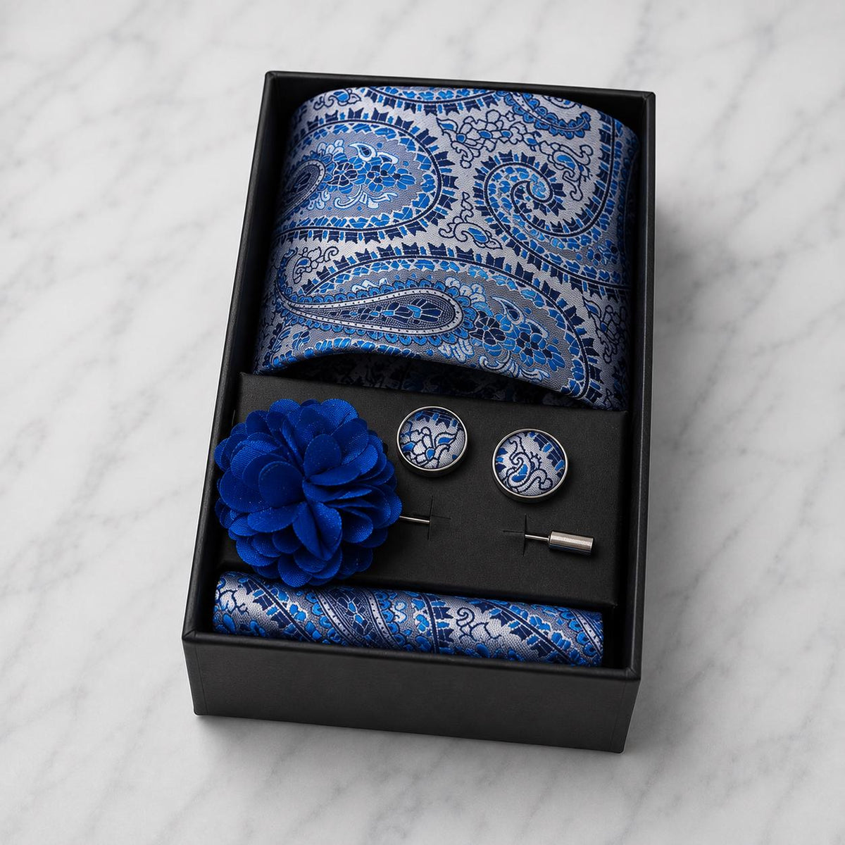 Silver & Shades of Blue Paisley Silk Tie Set / 4-Piece