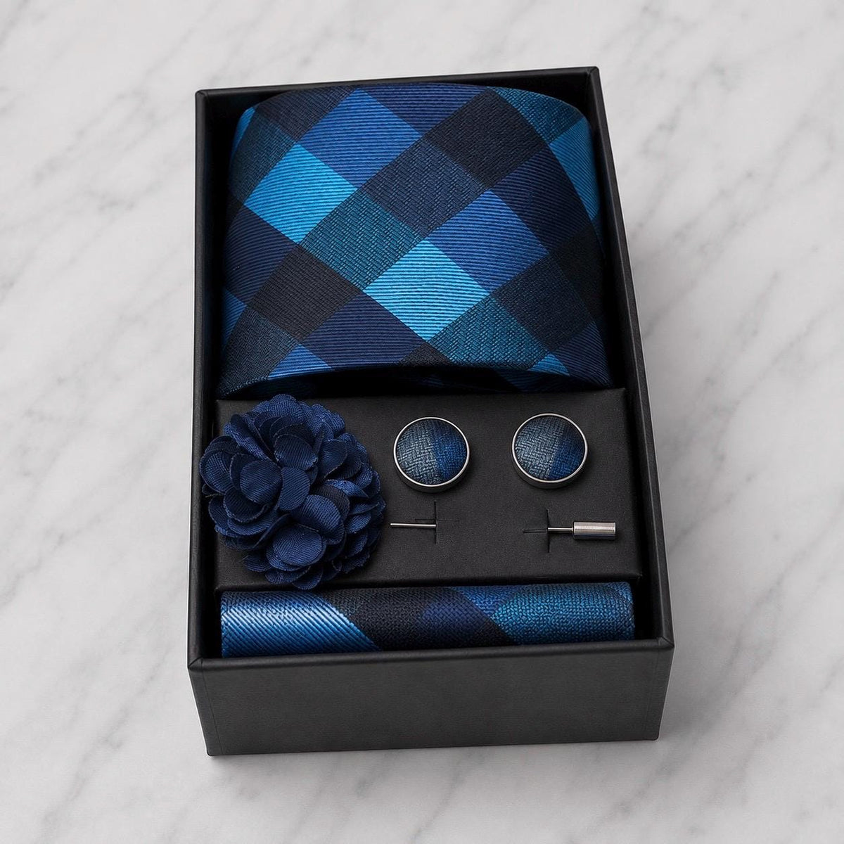 Shades of Blue Check Silk Tie Set / 4-Piece