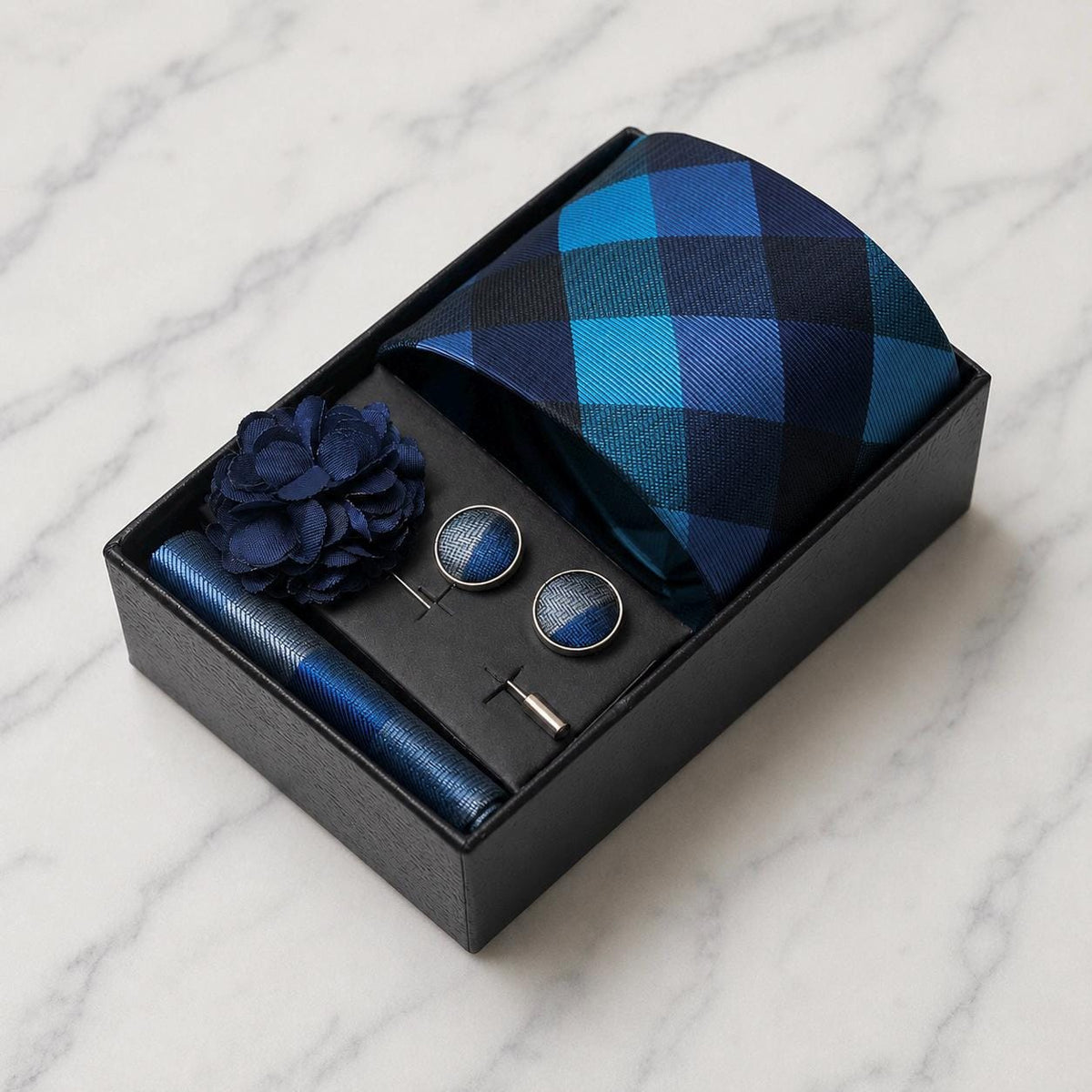 Shades of Blue Check Silk Tie Set / 4-Piece