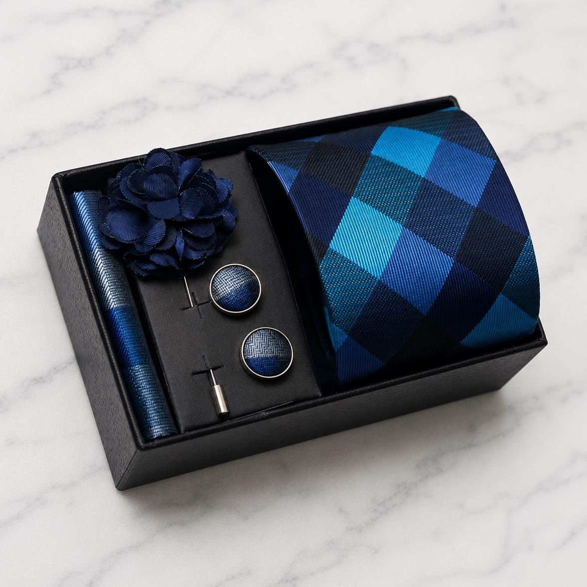 Shades of Blue Check Silk Tie Set / 4-Piece