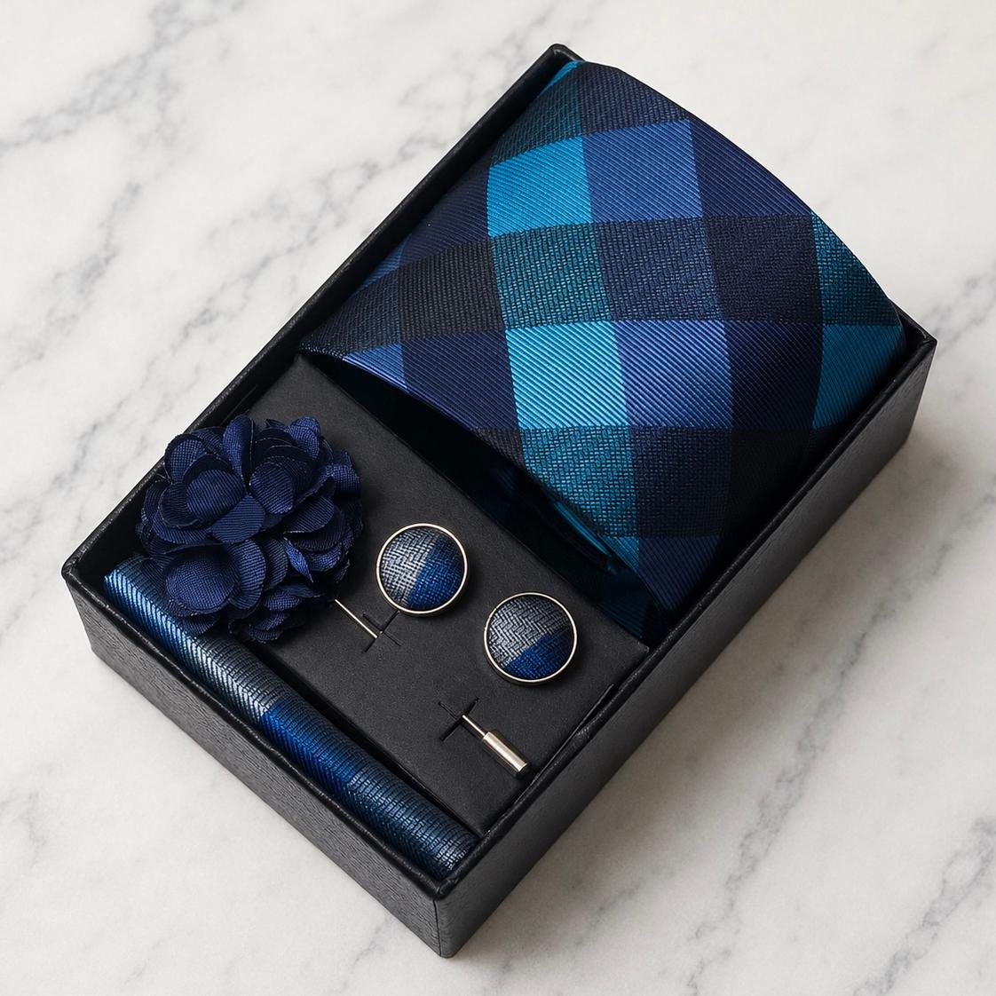 Shades of Blue Check Silk Tie Set / 4-Piece