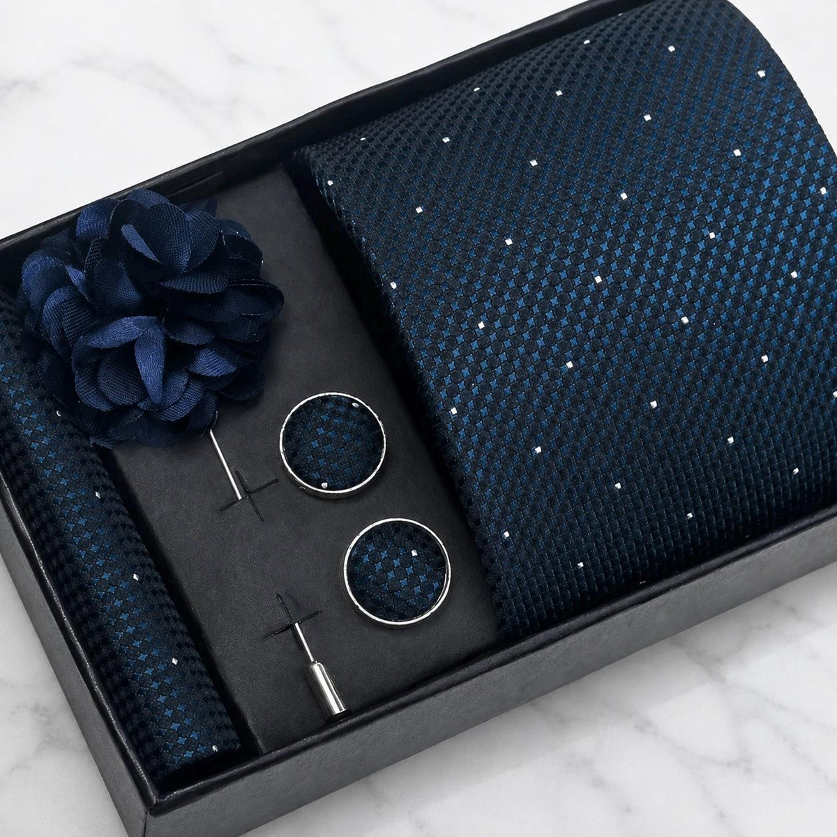 Navy Blue & Teal Textured Polka Dot Silk Tie Set / 4-Piece