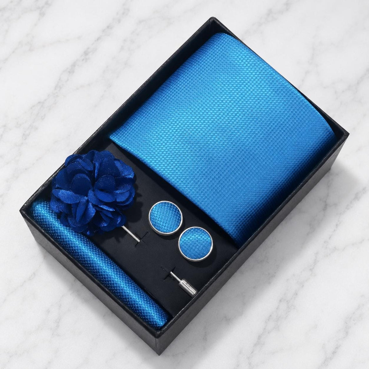 Sky Blue Textured Silk Tie Set / 4-Piece