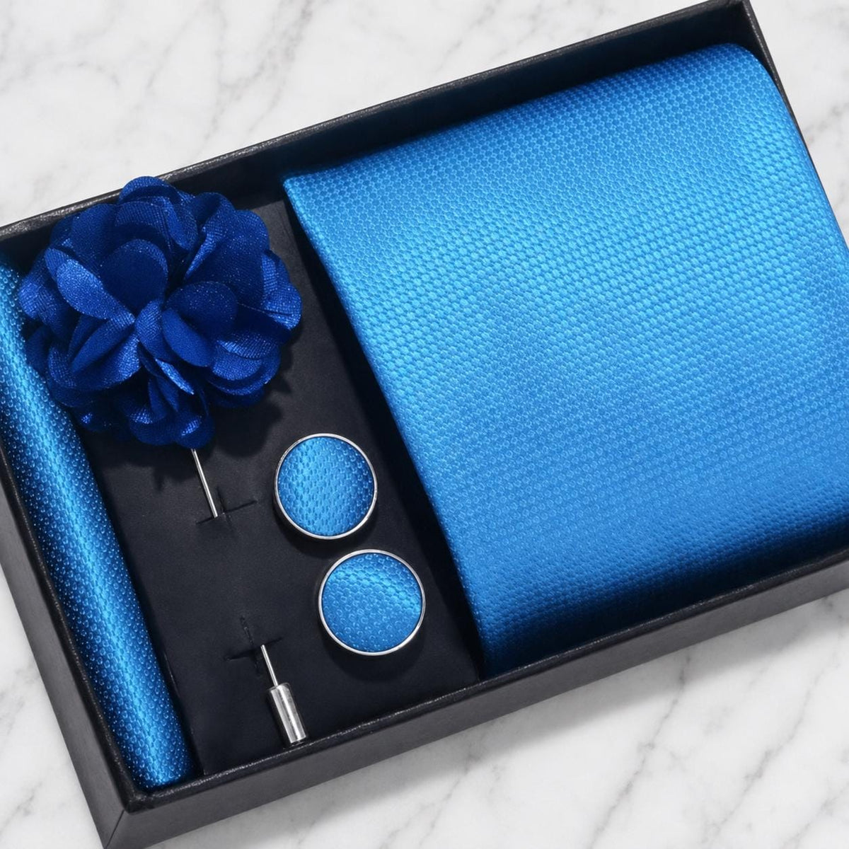 Sky Blue Textured Silk Tie Set / 4-Piece