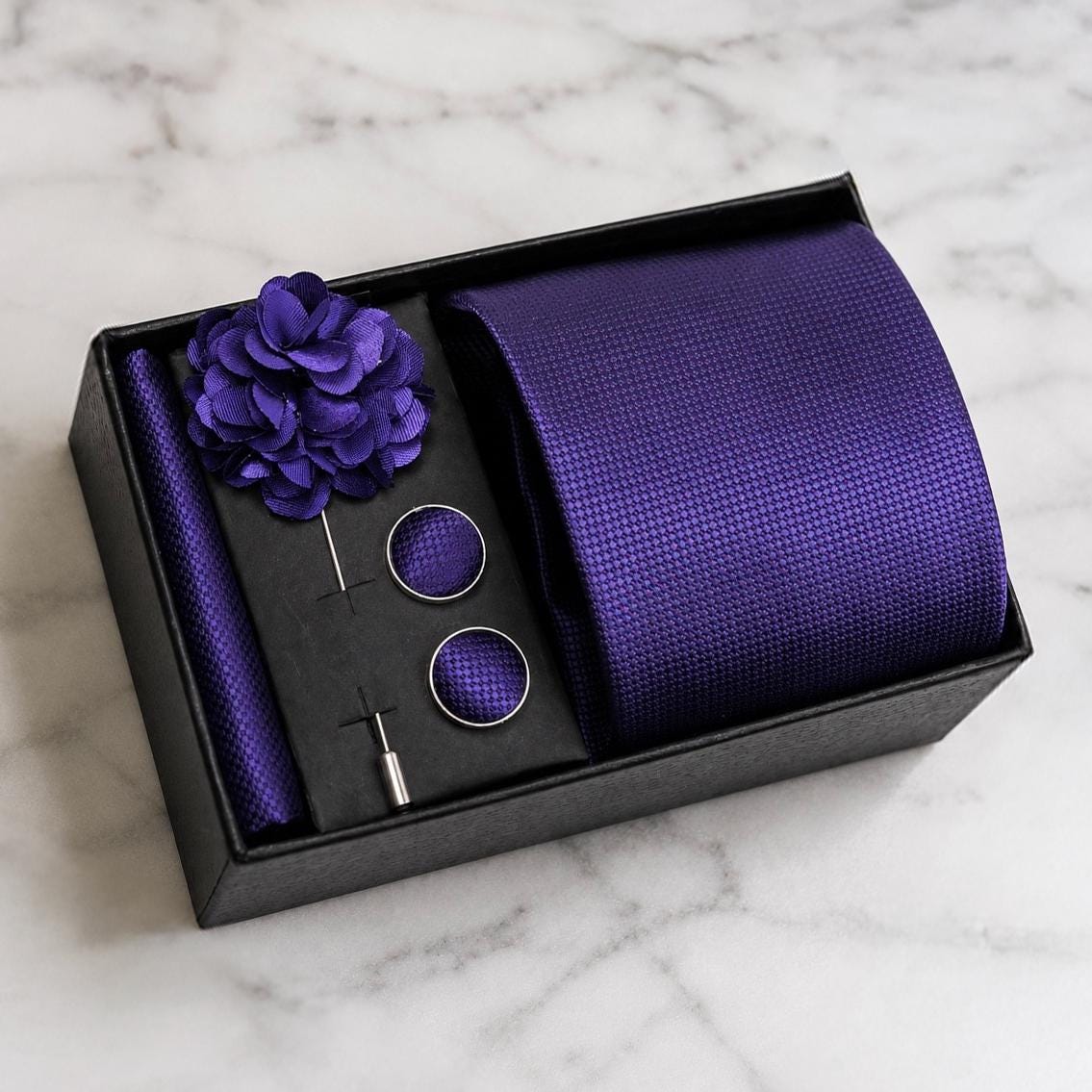 Deep Purple Textured Silk Tie Set / 4-Piece